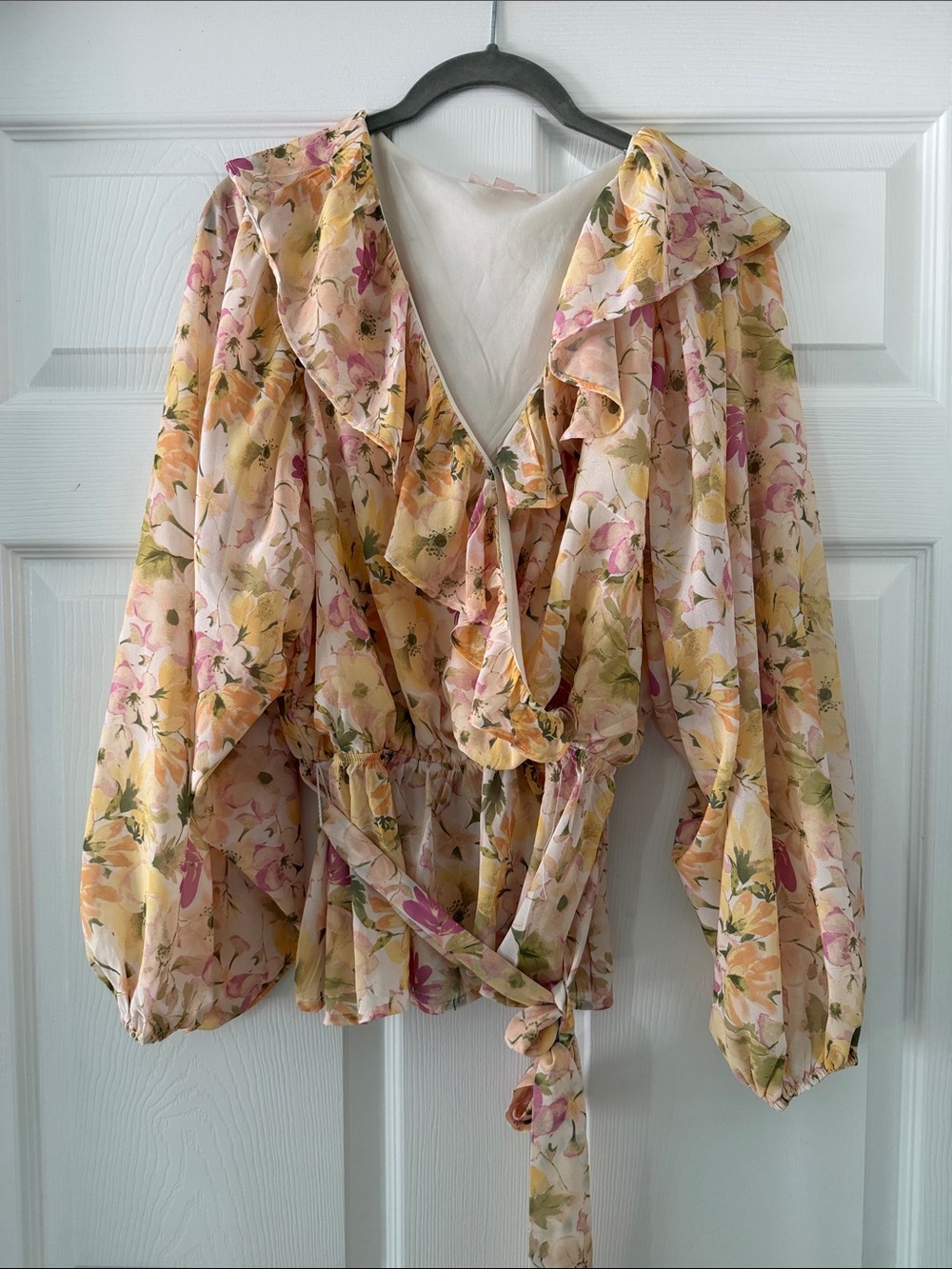 Romantic Floral Ruffle Wrap Blouse in Yellow and Pink